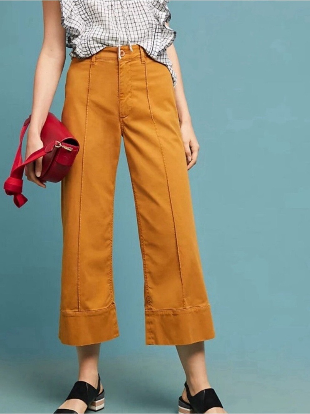 Anthropologie Pintucked Chino Trousers Wide Leg Cropped Pants Yellow Honey 6